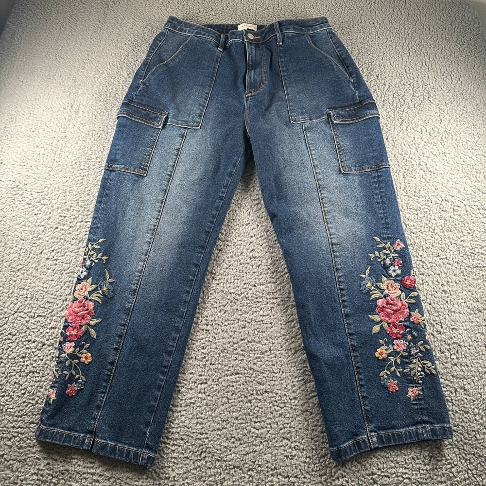 Driftwood Royce Cargo Jeans Womens 14 x 27L Cargo Embroidered Floral Blue Boho - Picture 1 of 13